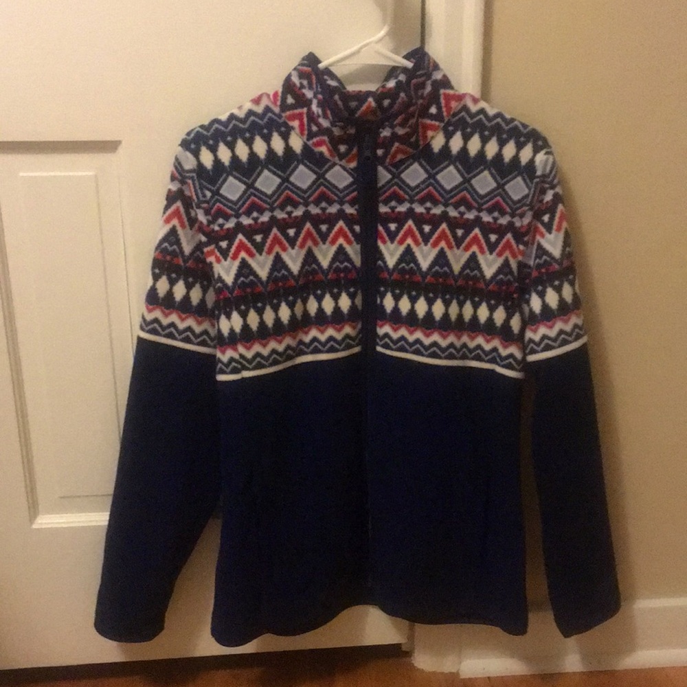 Talbots Navy Fleece zip-up with red pattern